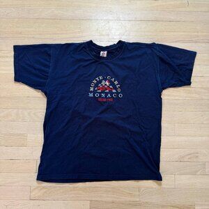Vintage Monaco Grand Prix T-Shirt Navy Blue Embroidered Monte Carlo F1 Racing